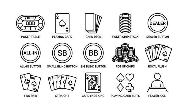 Poker icons: table, cards, chips, buttons, winning hands