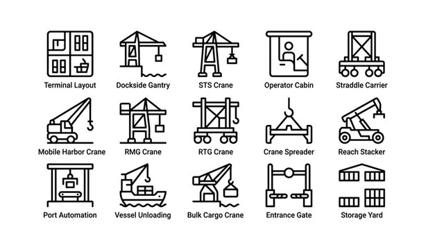 Icon set of port operations: cranes, vessels, and storage
