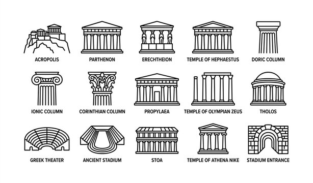 Iconic ancient greek architecture: temples, columns, and theaters