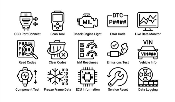 Obd port connect with scan tool and error code monitoring icons