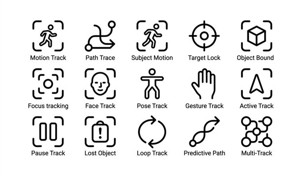 Icon set for motion tracking and object detection with face and gesture tracking