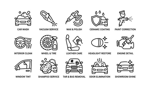 Comprehensive car detailing services icons set