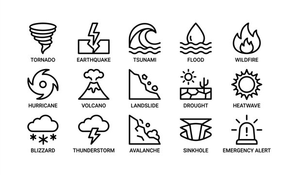 Set of 16 natural disaster icons including tornado, earthquake, tsunami, flood, wildfire