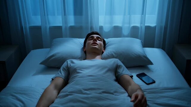 A restless man lies awake in bed during a dark night, struggling with insomnia and the inability to find sleep, a common modern problem