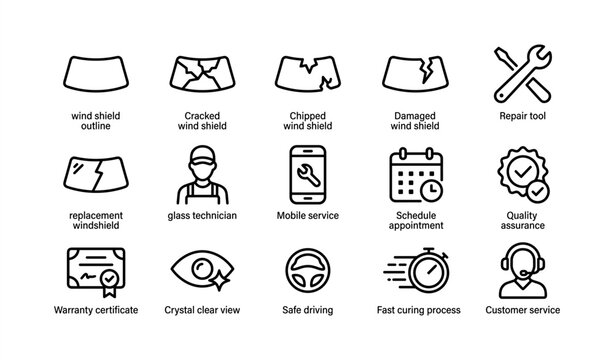 Automotive windshield repair icons including tools and services