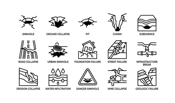 Geological hazards icons: sinkhole, collapse, chasm, subsidence