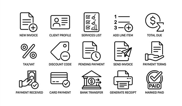 Financial icons for invoice and payment management
