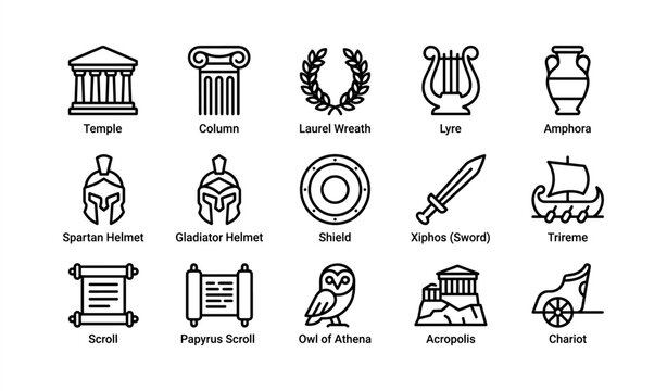 Ancient greek symbols collection with helmets, weapons, and musical instruments