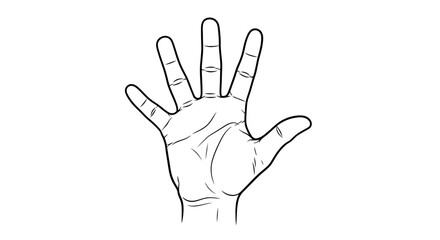 Fototapeta premium Simple outline drawing of an open hand with five fingers spread on a clean white background artwork
