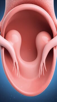 Close up CGI visualization of healthy human fallopian tubes and ovaries with detailed textures and smooth pink surfaces against a dark blue abstract background medical education