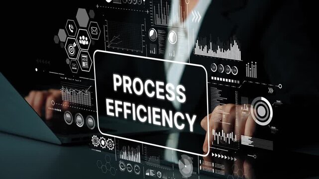 Business professional analyzing data with digital interface showing process efficiency metrics and statistics in modern workspace. Asymptotic smart data analytic.