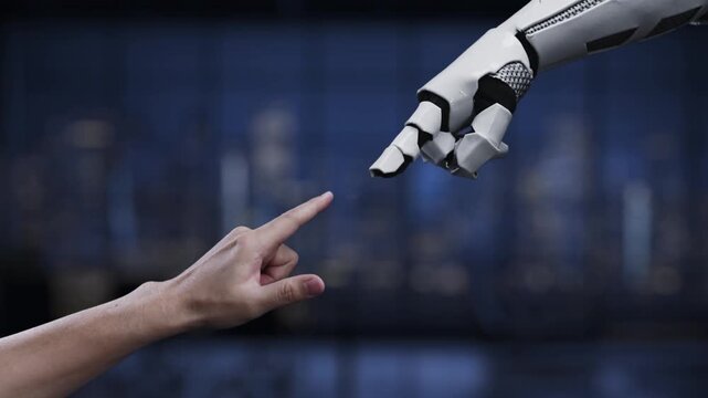This image depicts a futuristic concept of affiliate marketing, showcasing a robotic arm interacting with digital icons in a modern office environment. Synapse