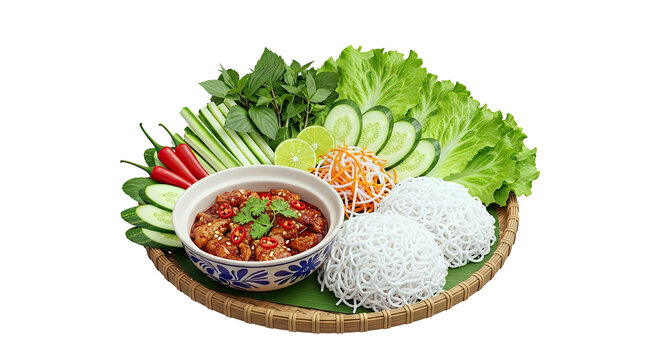 Vietnamese Bun Thit Nuong with fresh herbs and vegetables