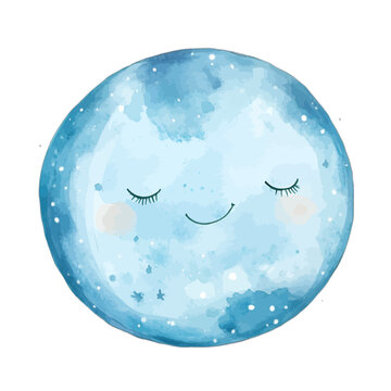 Cute Sleeping Full Moon Watercolor Vector Illustration &ndash; Hand Drawn Smiling Blue Moon Character Isolated on White for Nursery and Baby Shower Decor