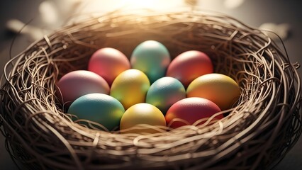 Obraz premium Vibrant rainbow eggs in a cozy bird's nest