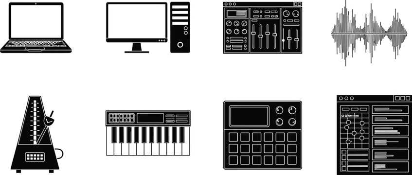 Music production and audio equipment outline icon set with laptop, mixer, waveform, keyboard, drum pad and software interface for digital sound design