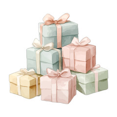 Obraz premium Stack of Gift Boxes Watercolor Vector Illustration – Hand Painted Pastel Wrapped Presents with Ribbons and Bows Isolated on White for Birthday and Holiday Decor 