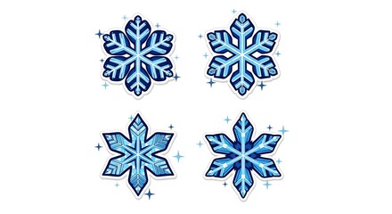 Four ornate blue snowflake illustrations on a white background, with sparkling accents