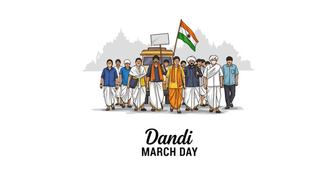 Illustration of Mahatma Gandhi leading a historical protest march with followers on Dandi March Day, a significant event in India's freedom struggle against a clean white background with