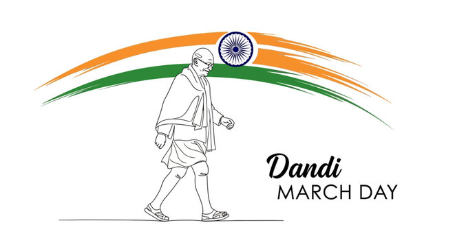 Illustration of Mahatma Gandhi walking in protest with Indian flag colors in the background on Dandi March Day.