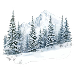 Fototapeta premium Watercolor snowy mountain landscape with pine trees and winter forest