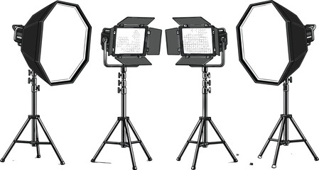 Professional studio lighting equipment set with softbox and LED panel lights on stands for photography videography production setup isolated vector illustration collection © MstKhadija