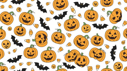 Naklejka premium Spooky seamless pattern featuring cheerful Halloween pumpkins, flying bats, and sweet candy corn, perfect for festive holiday designs and backgrounds.