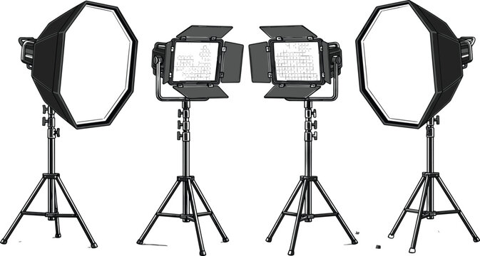 Professional studio lighting equipment set with softbox and LED panel lights on stands for photography videography production setup isolated vector illustration collection