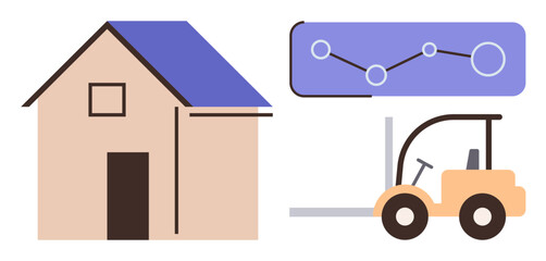 Fototapeta premium Logistics, transportation, inventory management, data tracking, supply chain efficiency, warehouse planning. A house, forklift and data graph. Logistics and inventory management concepts