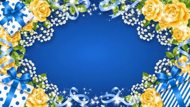 Beautiful Blue Background with Yellow Roses, Gifts, and Sparkles - Festive Decorative Frame