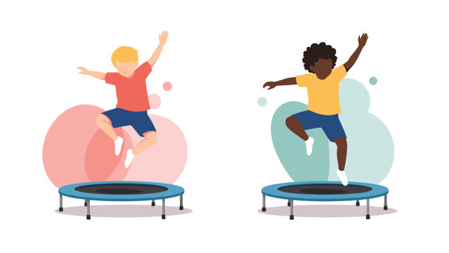 Dynamic illustration of two happy boys of diverse ethnicities joyfully jumping on separate trampolines, symbolizing fun, exercise, and active play.
