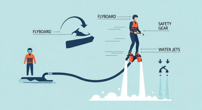 Flyboard water sports illustration with labeled safety gear and jets for adventure seekers