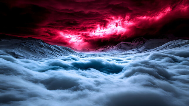 Dramatic landscape with vibrant red storm clouds over snow covered mountains and blue fluffy clouds