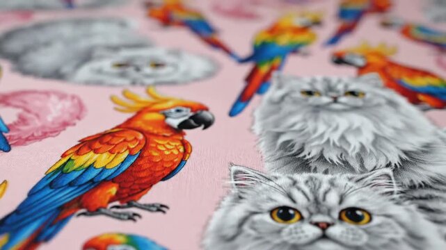 Vibrant Tropical Birds and Fluffy Cats Seamless Pattern Design.