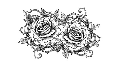Monochrome Rose Blossoms with Thorny Vines Detailed Botanical Vector Illustration © Romjan