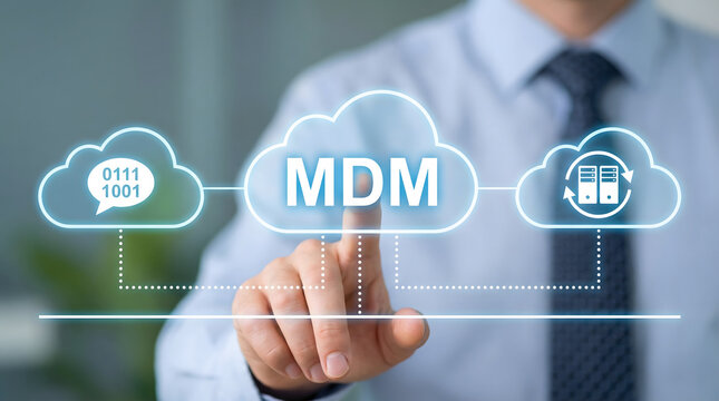 A business person activates a glowing MDM cloud computing system with their finger to manage digital data in a modern technological environment showca