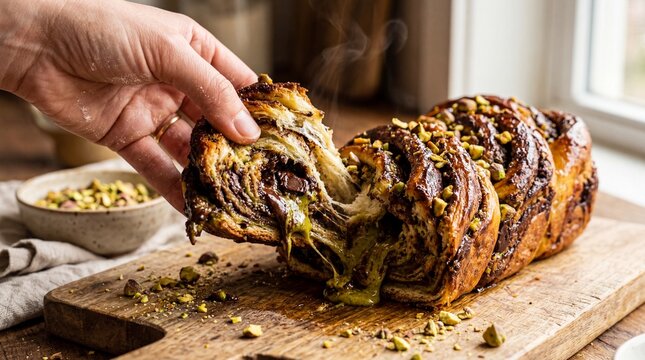 Hand pulling apart a warm chocolate pistachio babka revealing gooey melted filling on rustic board