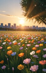 Naklejka premium Sunset blooms in vibrant field city skyline softly glowing behind.