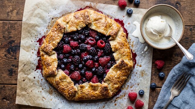 Rustic homemade berry galette with golden crust served alongside vanilla bean ice cream