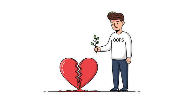 Sad man holding a small plant next to a broken, bleeding heart, with "Oops" on his shirt, symbolizing heartbreak, regret, or a failed relationship.