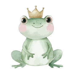 Fototapeta premium Watercolor frog prince with gold crown, rosy cheeks, and green skin