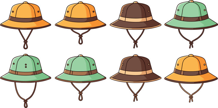 Safari explorer hats collection with chin strap vintage pith helmet styles adventure headwear cartoon vector set isolated outdoor travel accessory illustration design