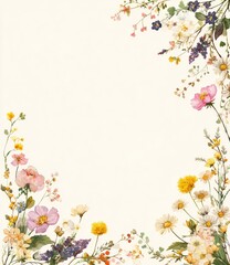 Obraz premium Watercolor floral frame delicate blooms, soft colors, and detailed leaves border a blank cream space