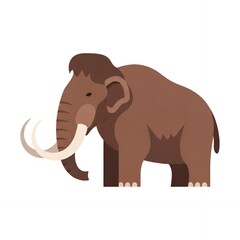 Fototapeta premium A cartoon illustration of a mammoth with large tusks and a brown fur standing on a white background