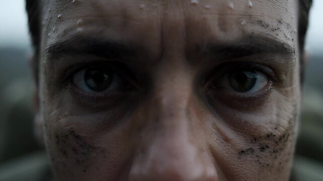 A close-up portrait of intense eyes and a dirt-streaked, sweaty face, reflecting unwavering determination and the raw struggle of perseverance through adversity