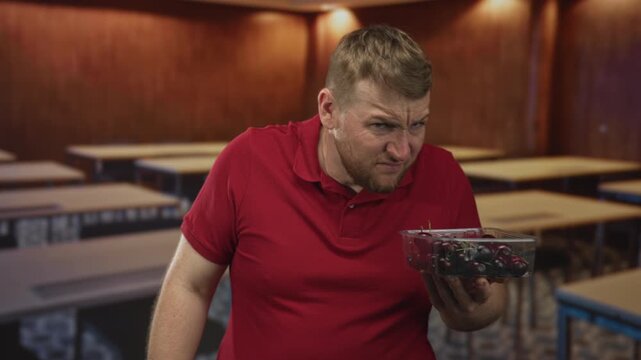 Man holding a plastic container of cherries with a grimace in a wood paneled classroom building among empty desks and tables; disgust.