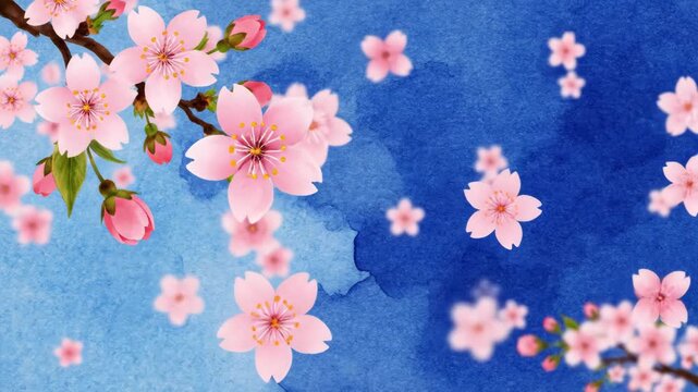 Beautiful Sakura Cherry Blossoms on a Textured Blue Background with Subtle Water Droplets