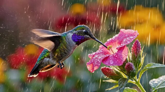 A hummingbird drinks nectar from a pink flower while it is raining, with a blurred background of colorful flowers