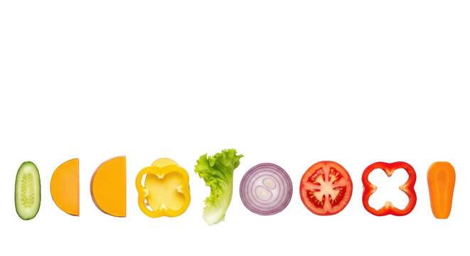 Meticulously arranged, perfectly cut, fresh vegetable slices, vibrant, on a transparent background with copy space, concept of healthy eating