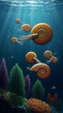 Ammonite sea creatures moving in prehistoric ocean with underwater plants and sun rays, paleontology ecosystem Vertical video